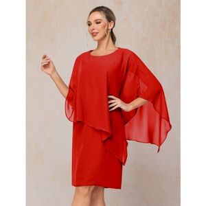 NWT Hanna Nikole Red Chiffon Cape Cover Drape Cowl Pencil Modest Midi Dress M